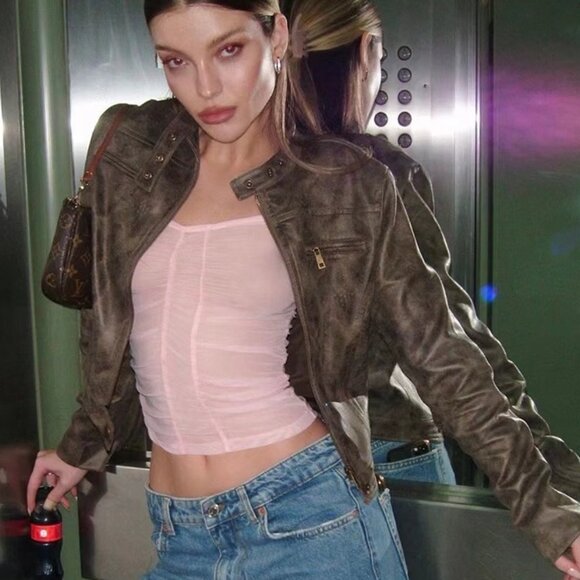 Jackets & Blazers - Brown Grunge Biker Jacket Stud Collar